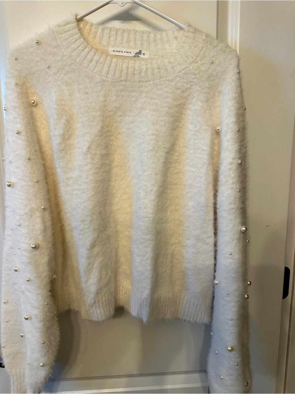 Altar'd State Cream Fuzzy Pearl-Embellished Crewneck Sweater